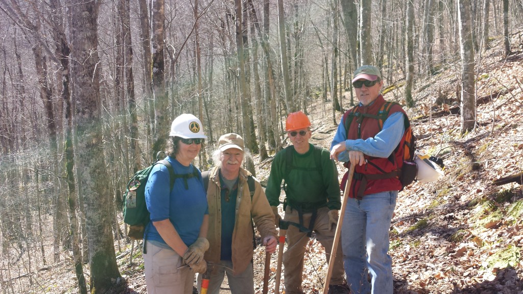 Trail legend Bob Peoples (second from left) pictured with a small part of his volunteer trail maintenance crew. Shelters in this area feature fun Bob Peoples graffiti, such as: "every time Bob Peoples makes a switchback, another angle gets his wings"