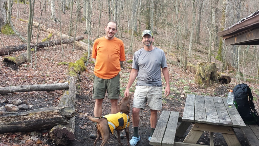 Smokes Too Much (left), Roxy (dog) and another hiker (forgot his name) who thru-hiked in 1996 and has been living on the AT ever since